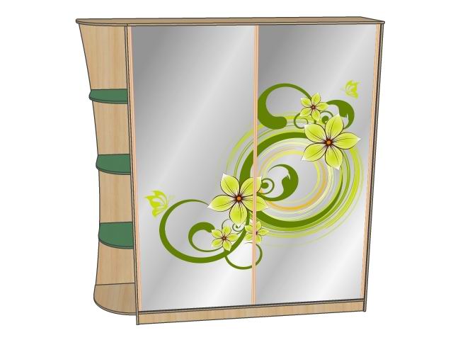 Дизайн шкафа купе в двух цветах с зеркальными дверями и нанесением рисунка пескоструй